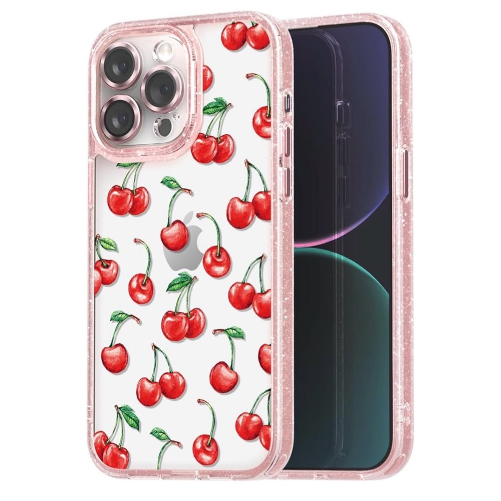 New iPhone 15 Pro Case with Camera Protector - Cherry Print with Wrist Strap